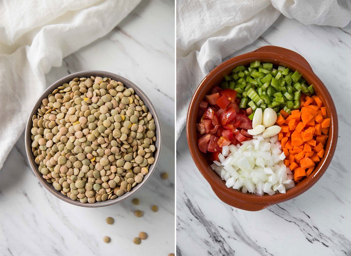 Essential ingredients for lentil soup - whole lentils, diced carrot, celery, onion, and tomato