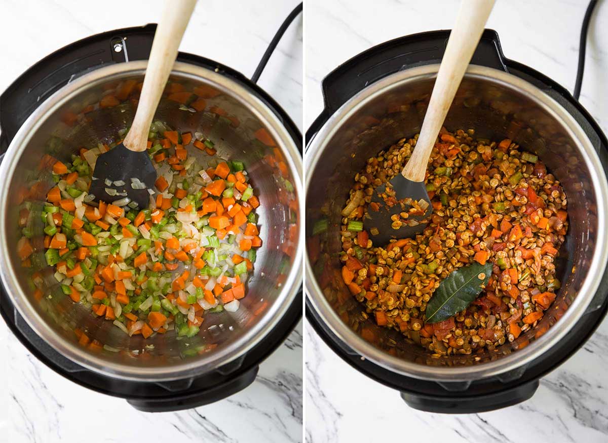 Cooking carrot, celery, and onion in Instant Pot for making healthy lentil soup.