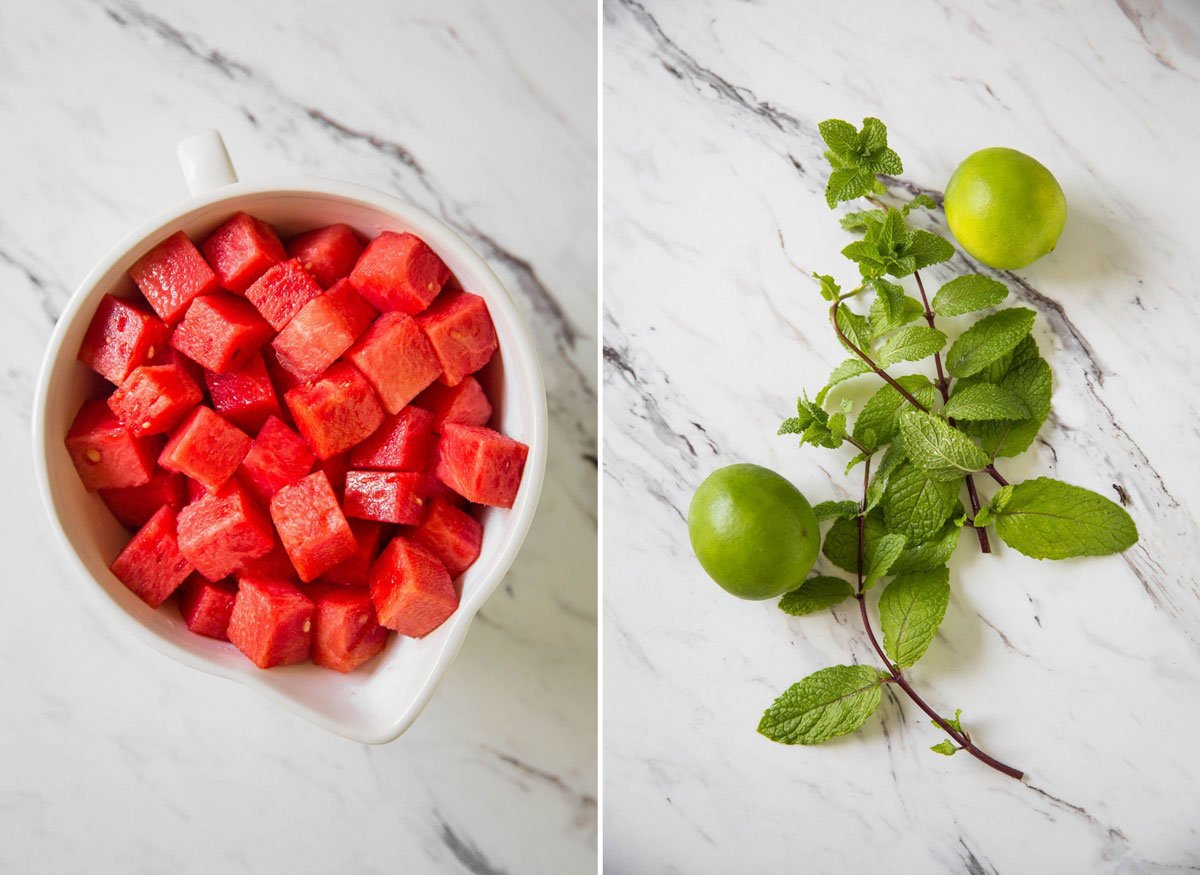 Fresh watermelon cubes, fresh mint leaves and limes for making watermelon slush