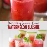 Beat the summer heat by making this quick and easy frozen watermelon slush. No sugar added and also kids friendly so that the whole family can enjoy this healthy summer drink. | #watchwhatueat #watermelonslushie #slushie #watermelon #nonalcoholic