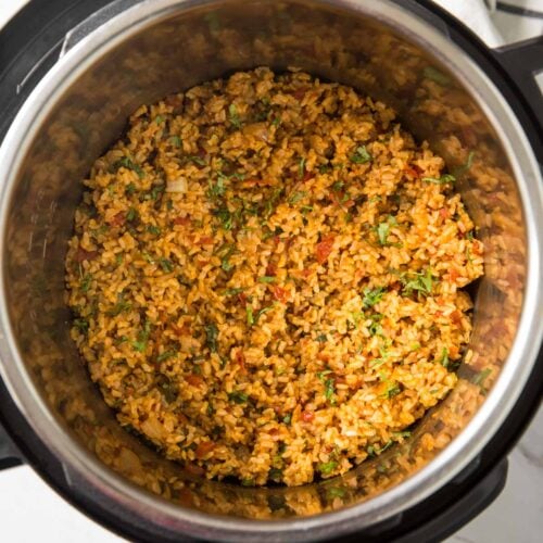 Mexican brown rice prepared in Instant Pot