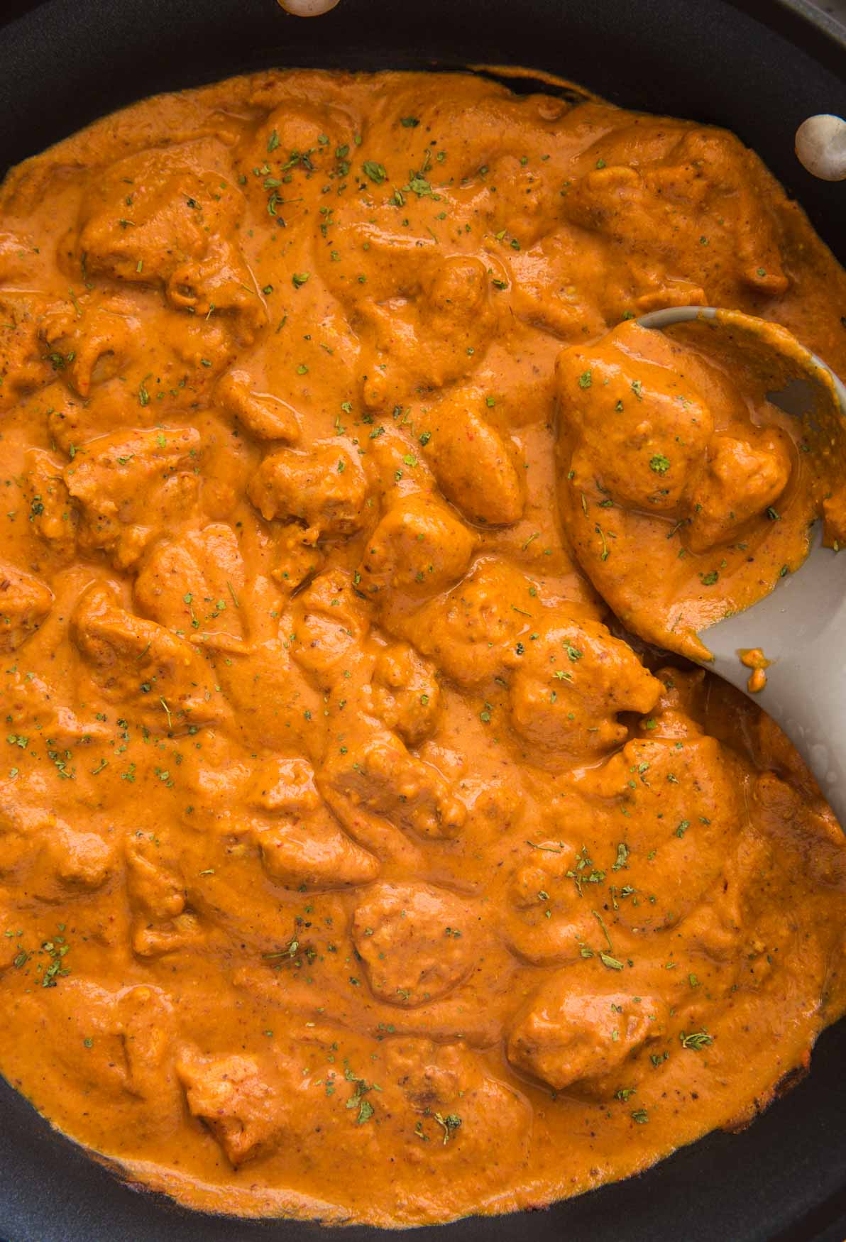 Restaurant style chicken tikka masala in a large skillet