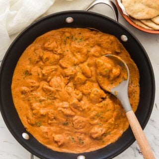 Restaurant style chicken tikka masala in a large skillet