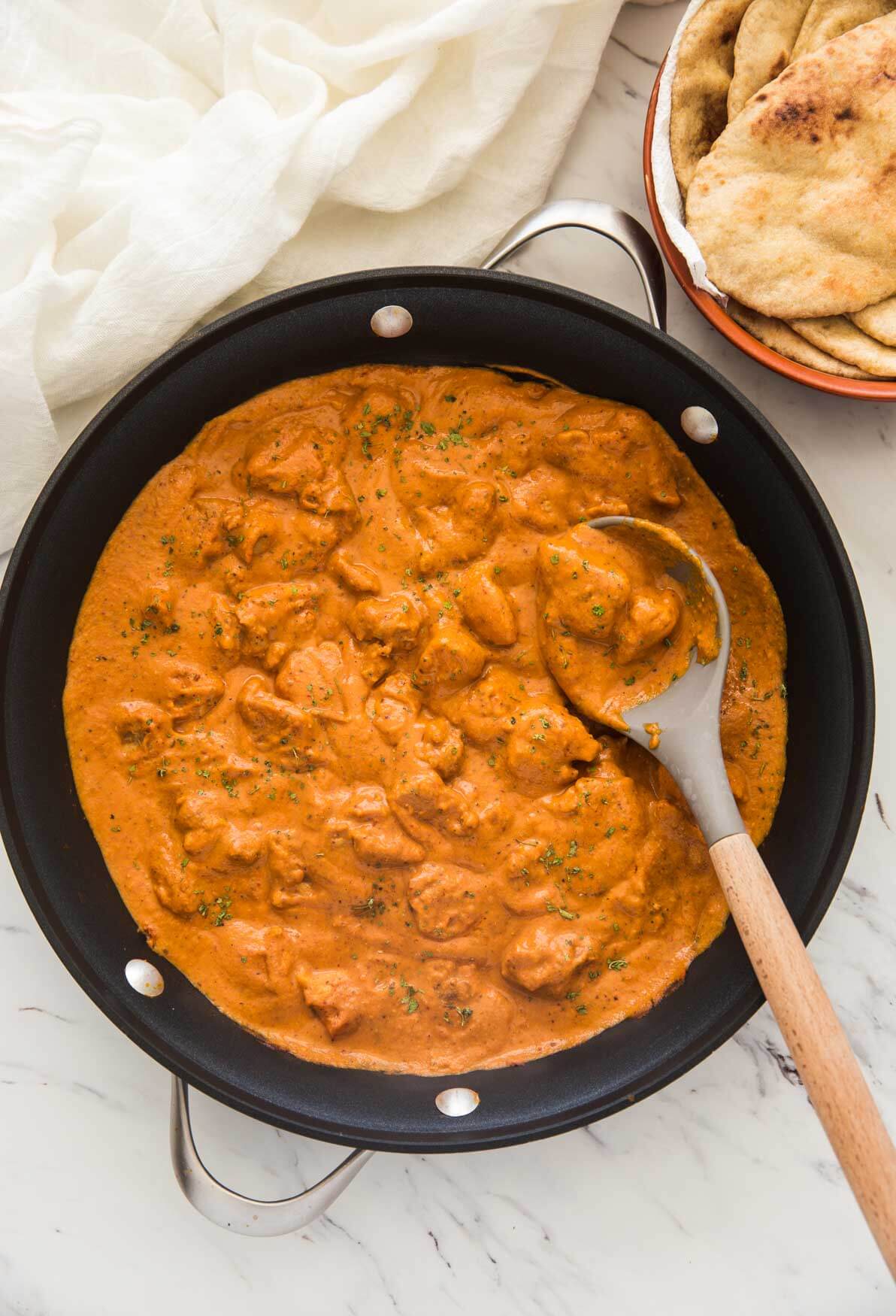 Restaurant style chicken tikka masala in a large skillet