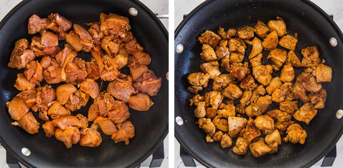 Coking marinated chicken in a large skillet