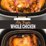 Rotisserie style Air Fryer Whole Chicken - get roasted chicken with soft & juicy meat and a crispy crust on the outside in Air Fryer. Best ever and easy recipe for a wholesome lunch/dinner. Also, learn to prepare delicious gravy from chicken drippings. | #watchwhatueat #airfryerrecipes #airfryerchicken #airfryerroastedchicken. 