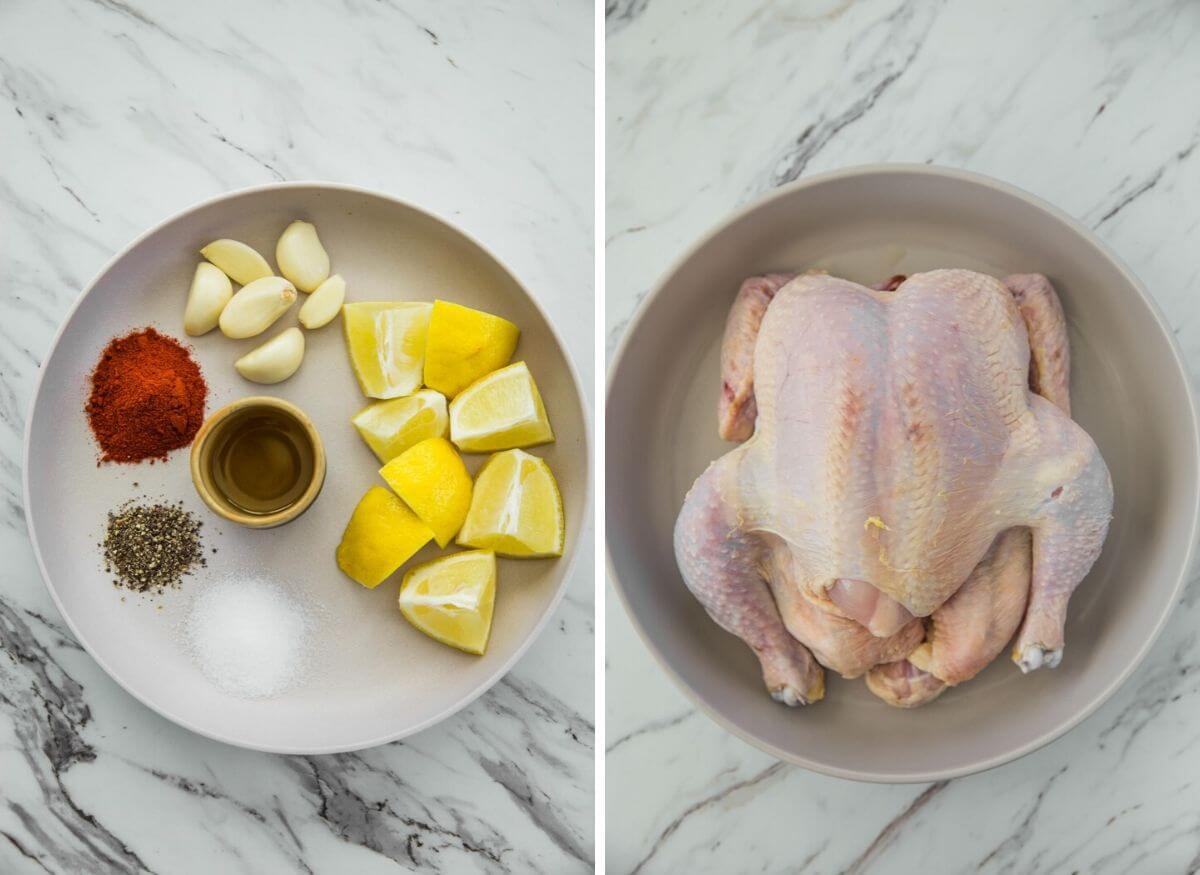 marination ingredients in a plate and raw chicken in a bowl 