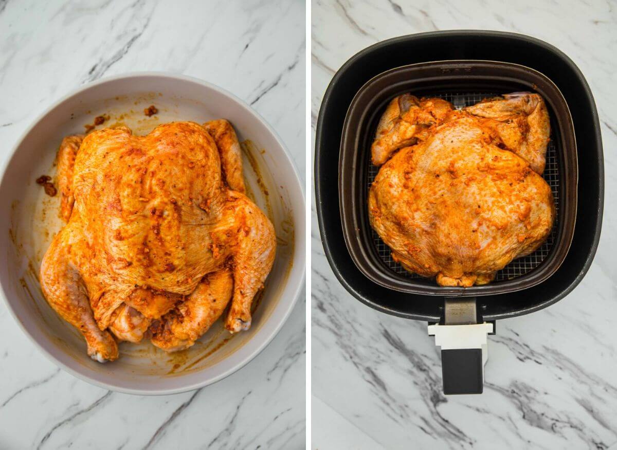 marinated whole chicken in a bowl and in a Air Fryer basket