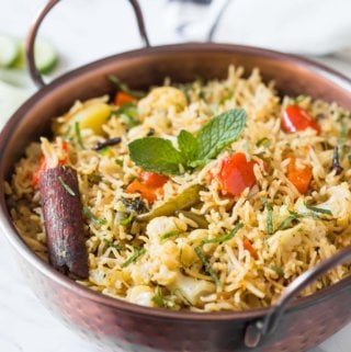 Indian veg biryani in a serving bowl