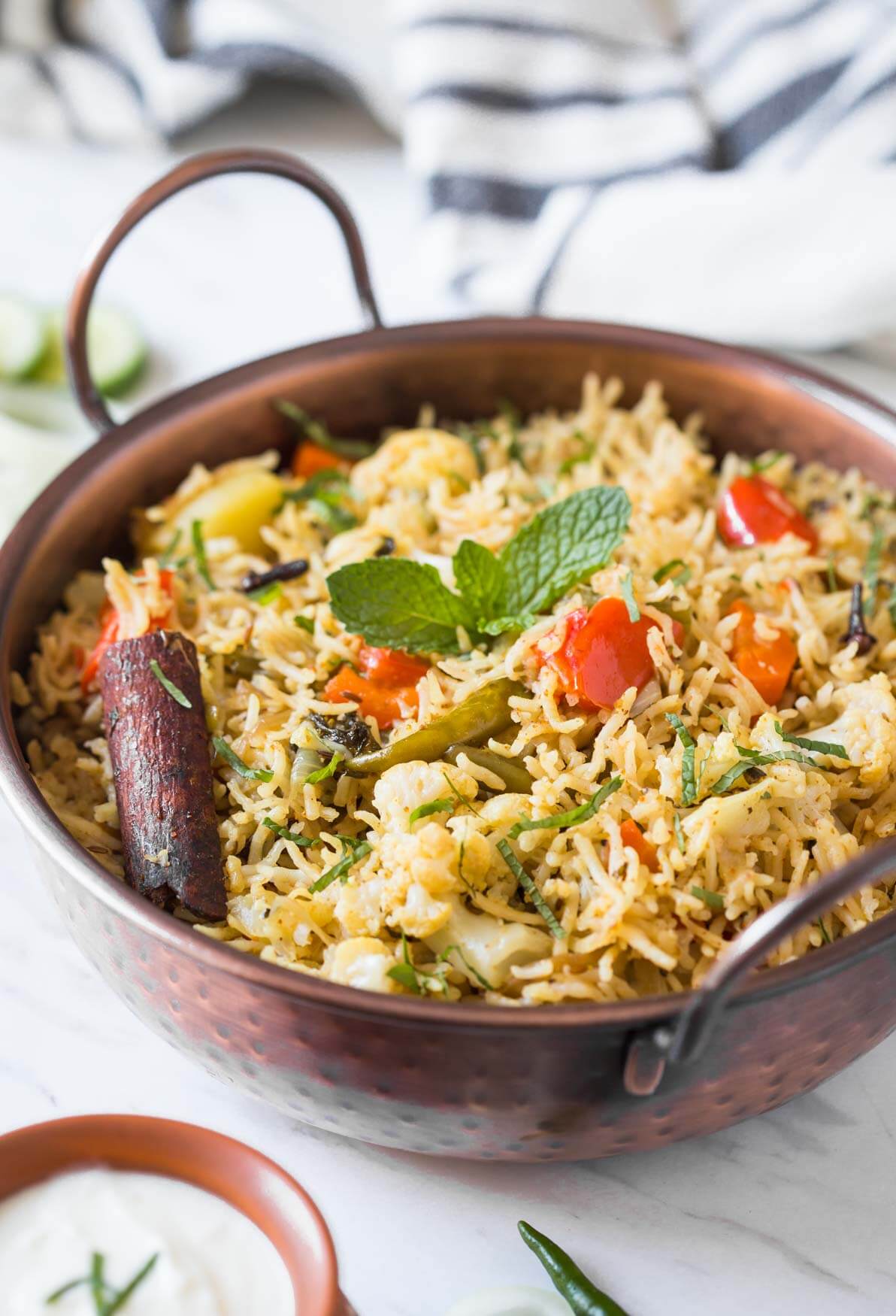 Indian veg biryani in a serving bowl