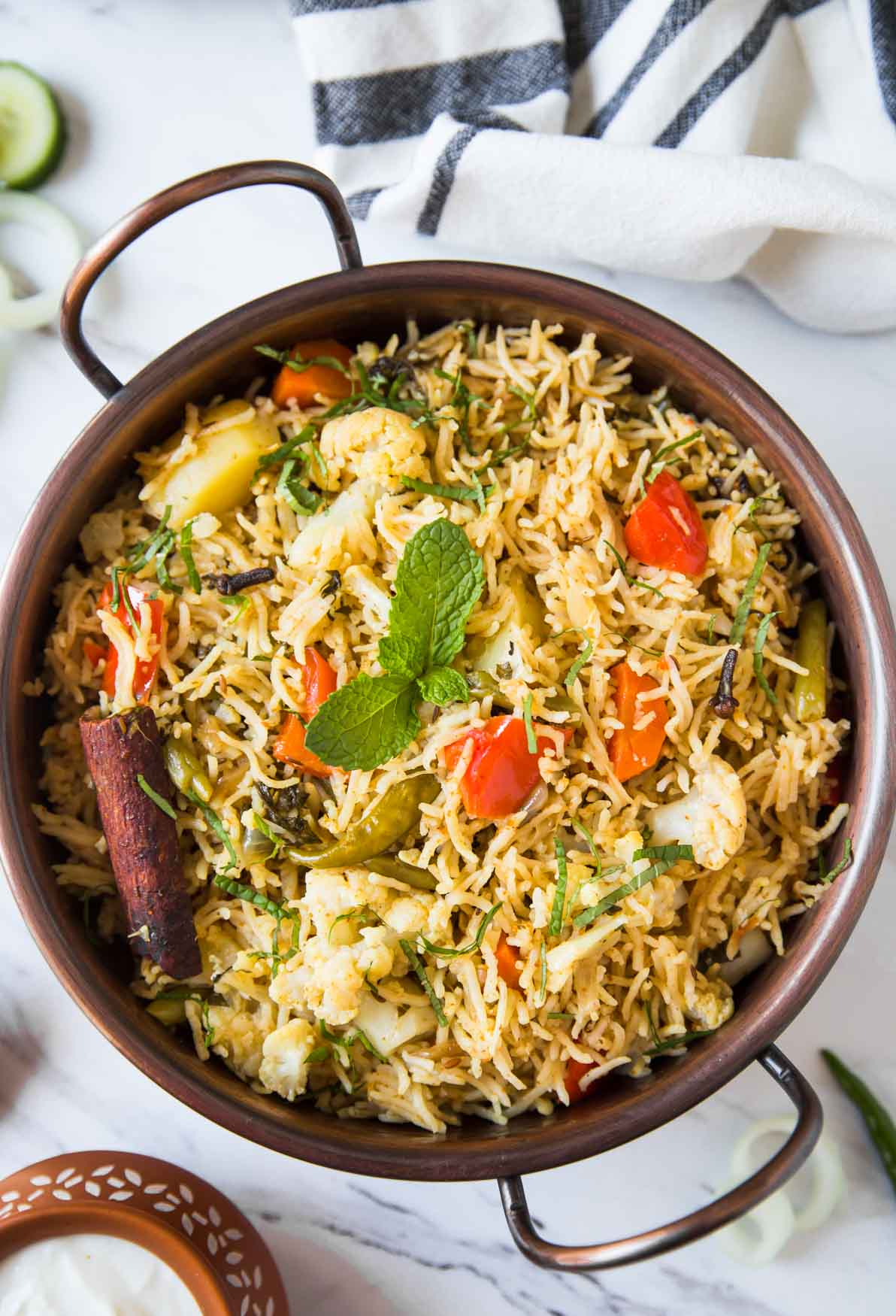 Indian veg biryani in a serving bowl