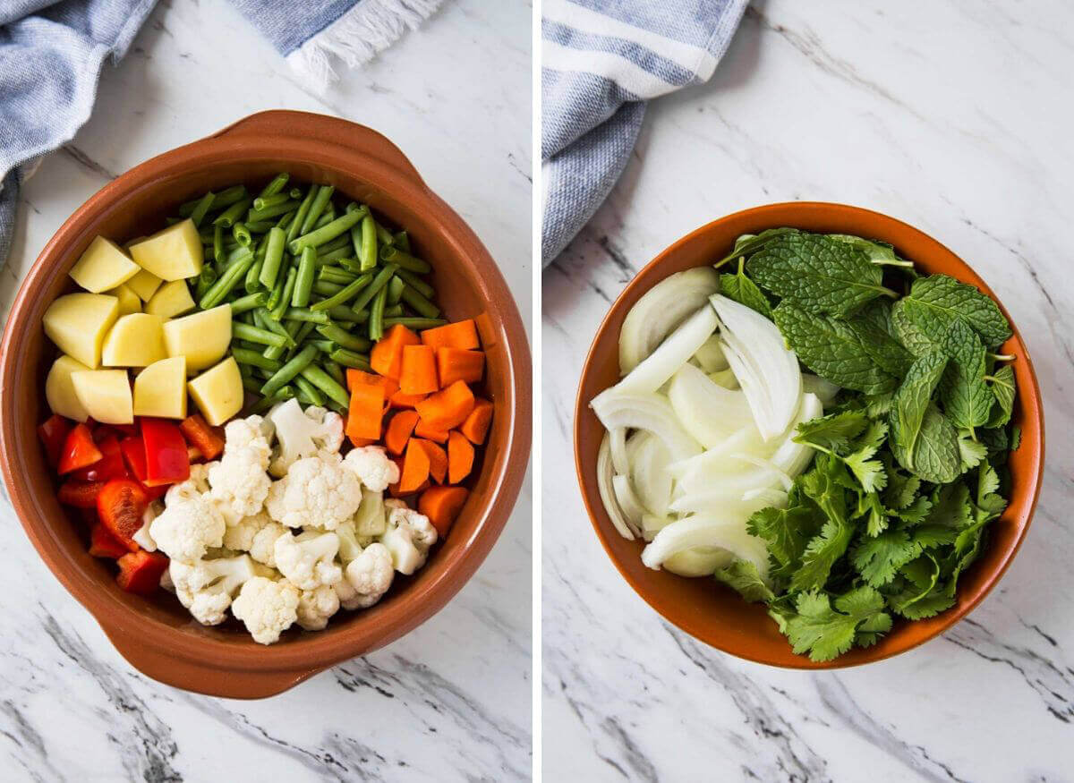 Fresh mint, cilantro and sliced onion in a bowl and assorted vegetables cut into 1-2" size in another for making Instant Pot veg biryani.