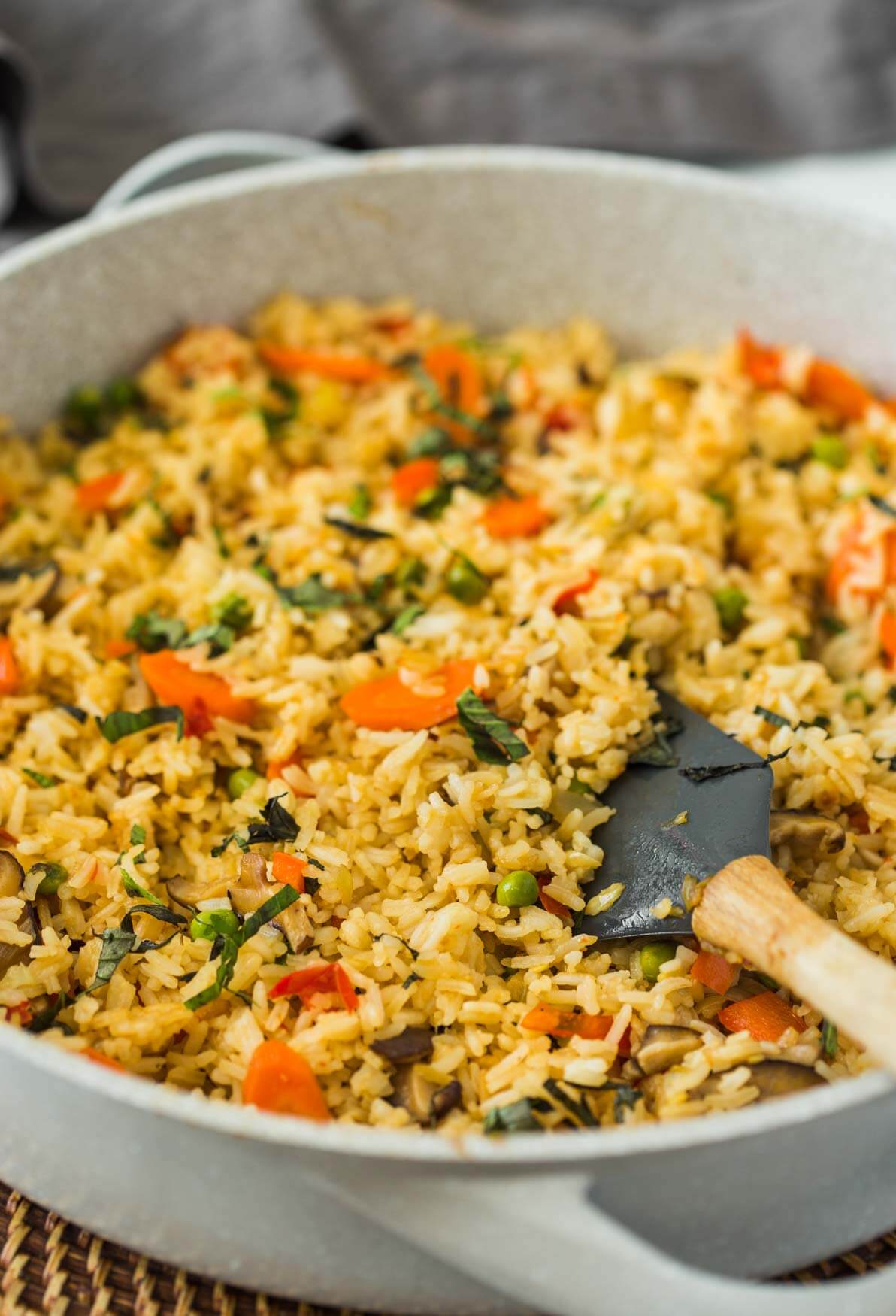 stir fried vegetable Thai rice in a frying pan