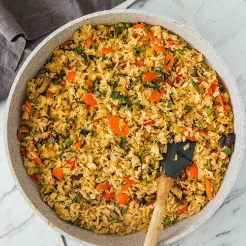 Healthy vegetable Thai fried rice in a frying pan