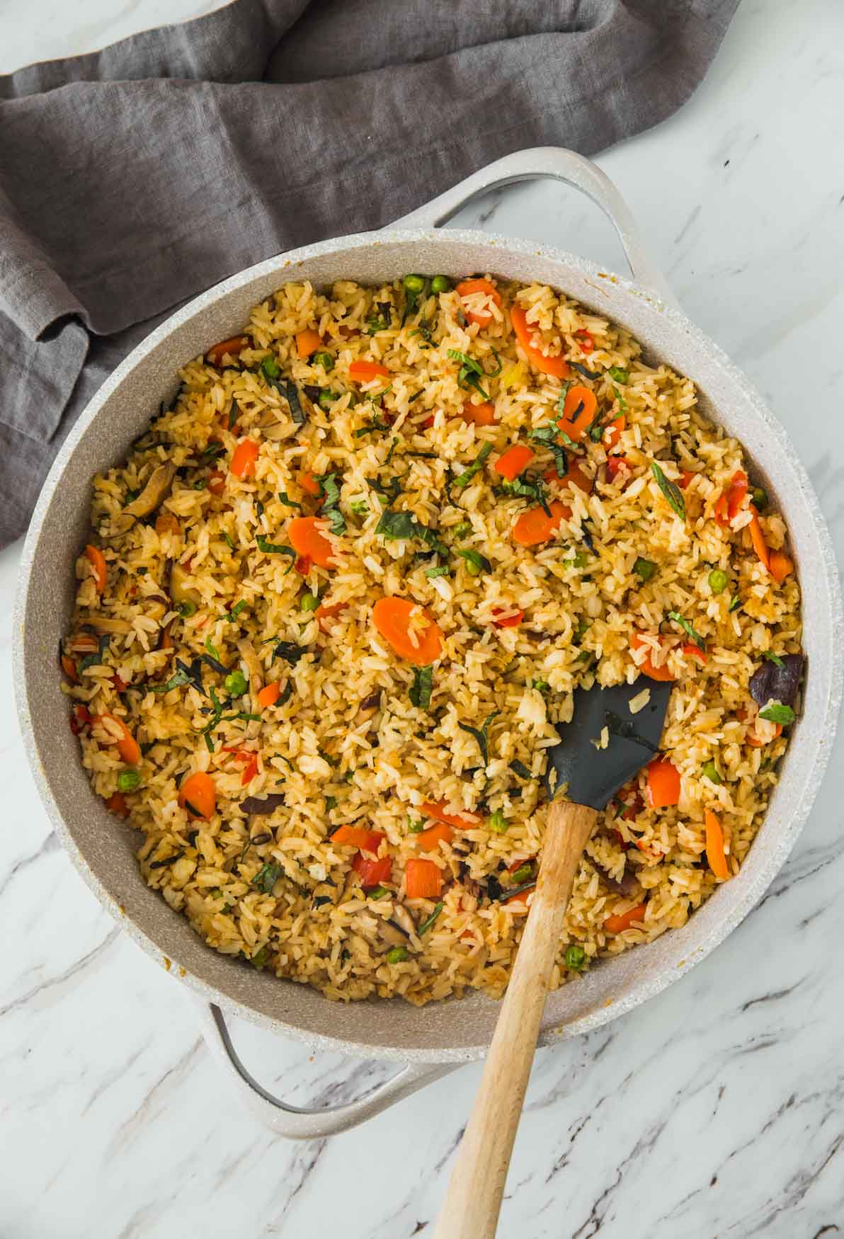 Healthy vegetable Thai fried rice in a frying pan