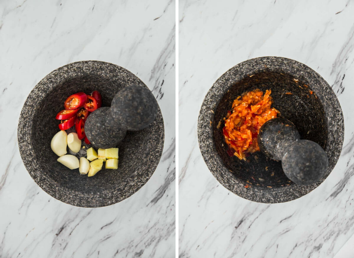 ginger, garlic and Thai in a molcajete