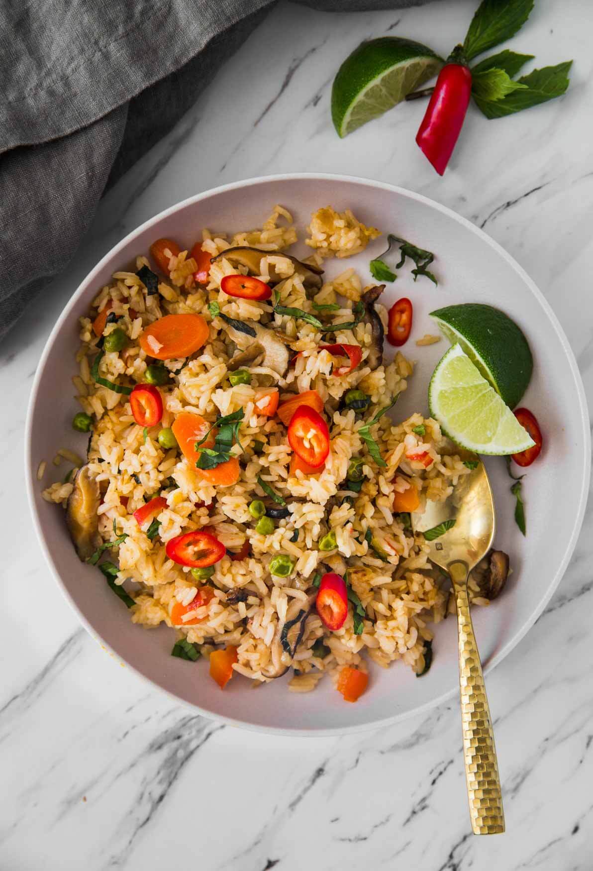 Thai fried rice with vegetables in a serving plate