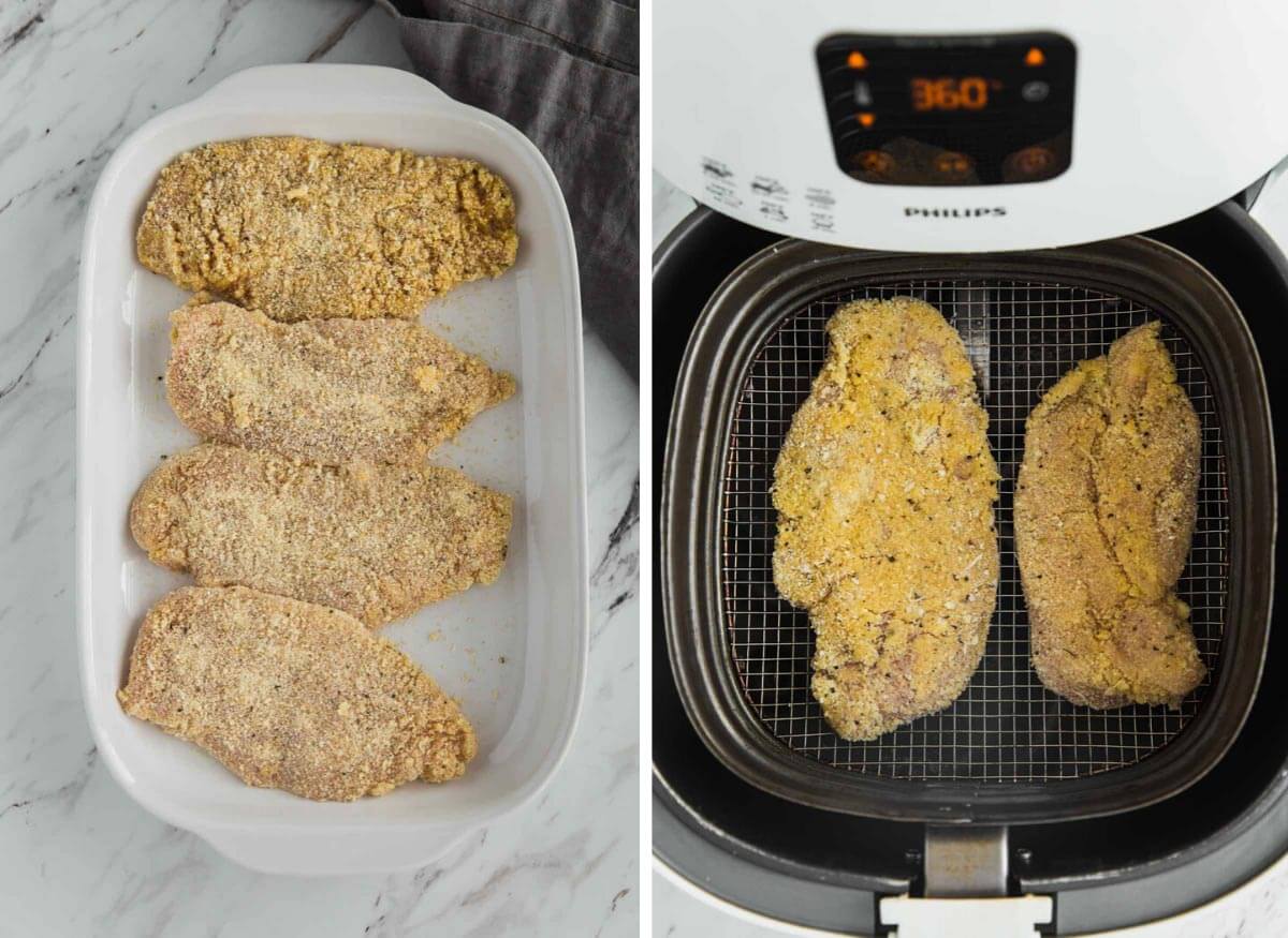 ready to cook parmesan breaded chicken in a tray and in a air fryer basket. 