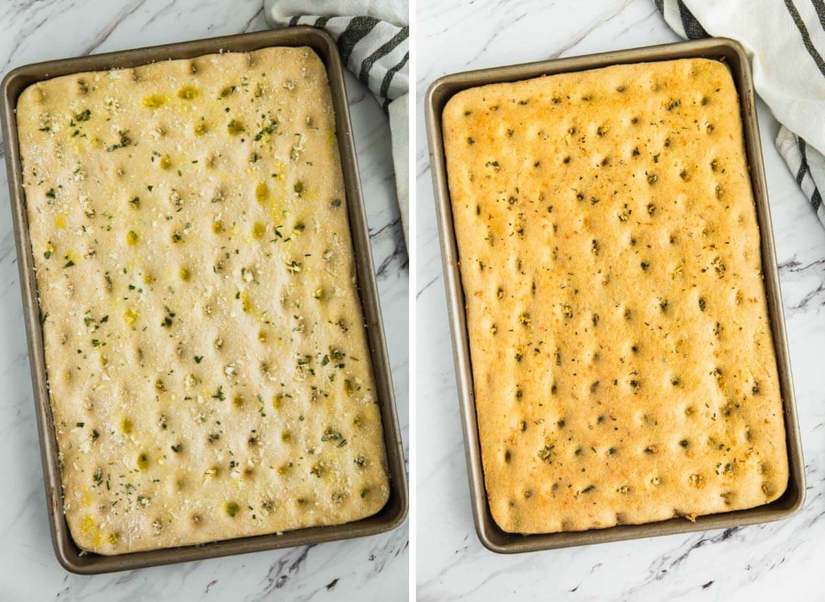 whole wheat dough in a baking sheet before and after baking