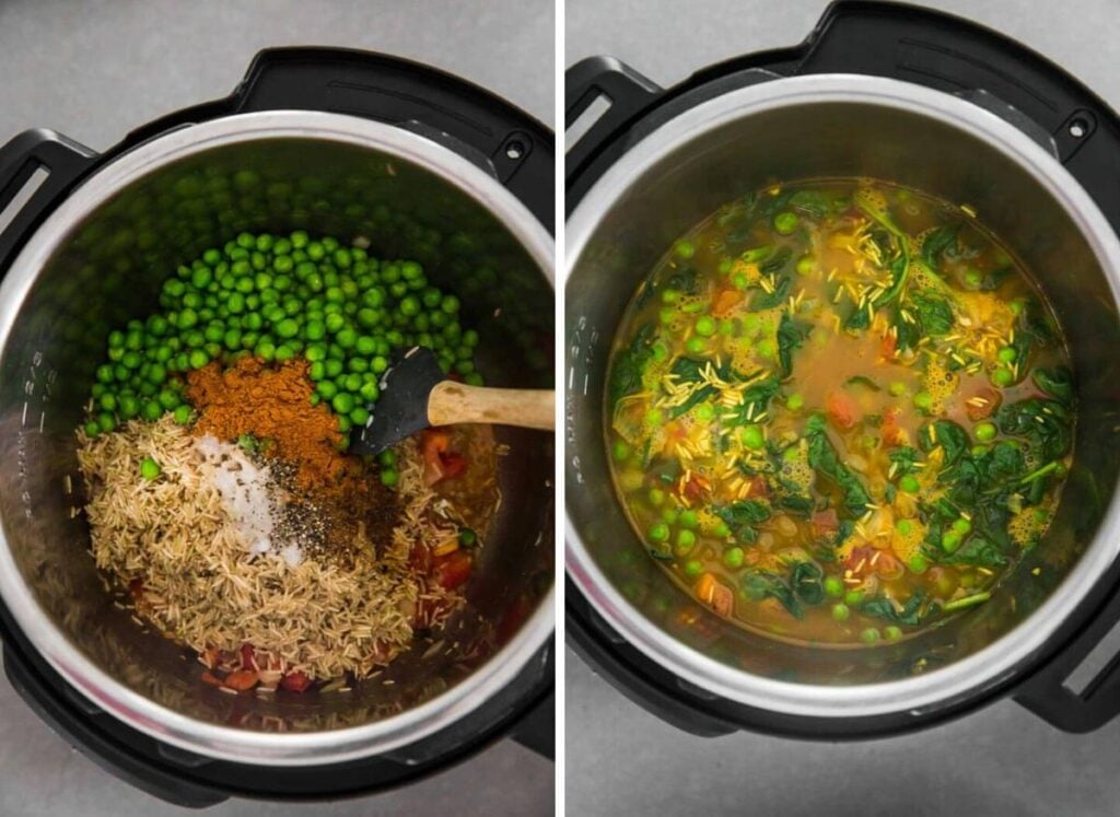 Preparing brown rice with spinach and green peas in Instant Pot