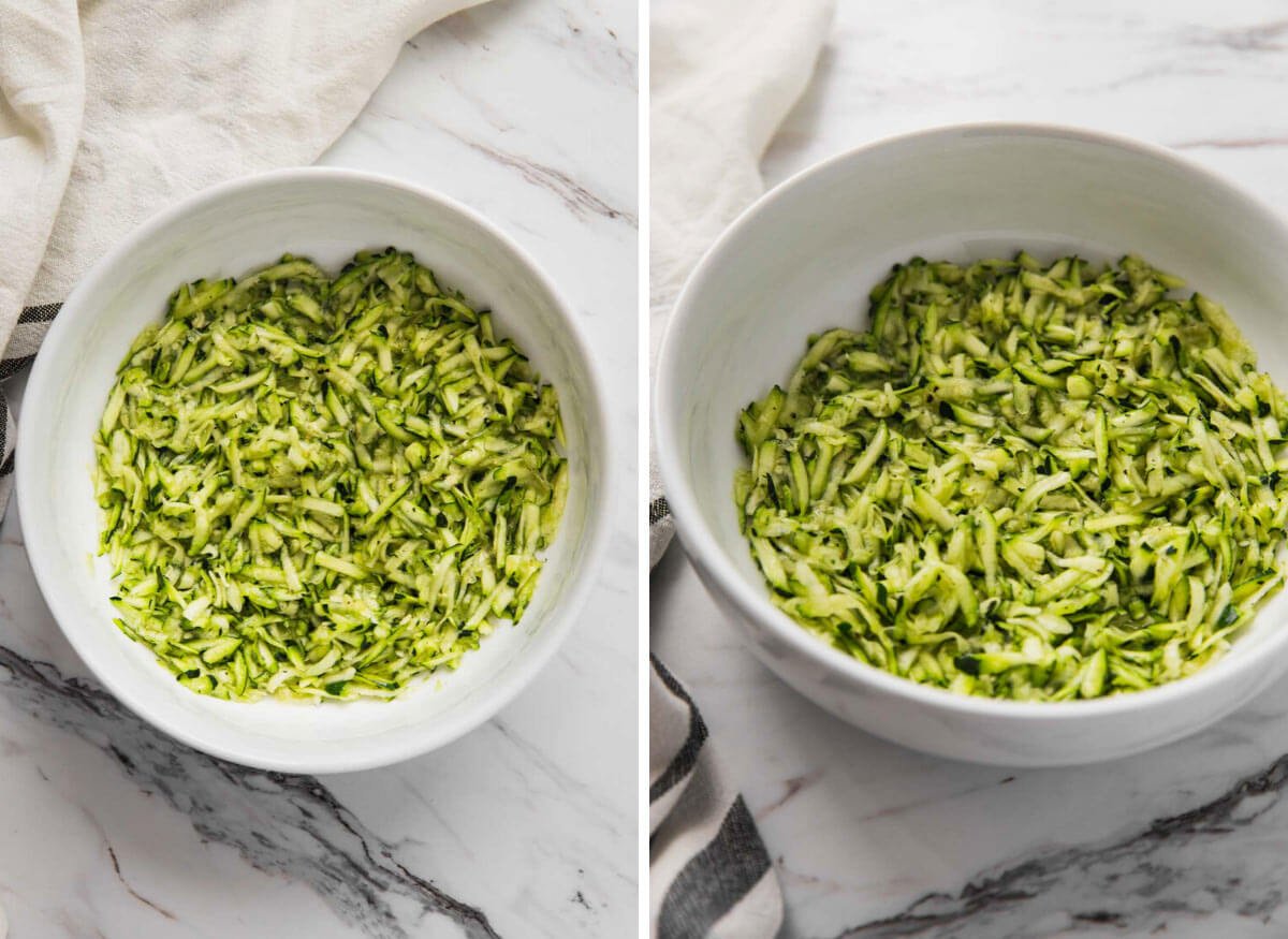 grated zucchini in a white bowl