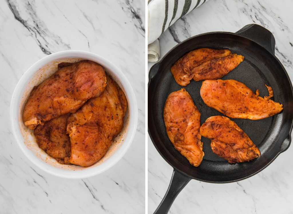 Chicken breasts mixed with Mexican spices in a mixing bowl and then cooked in cast iron skillet