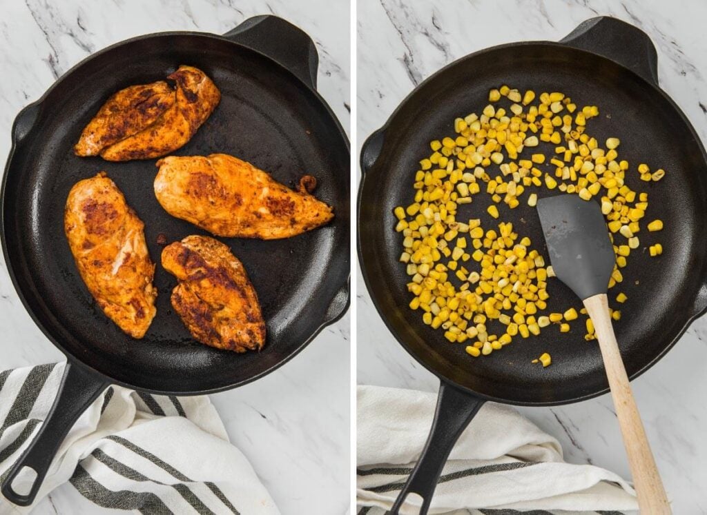collage image with chicken breast in a cast iron skillet and corn kernels in a cast iron skillet