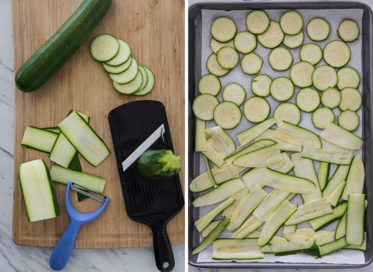Collage image of fresh Zucchini cut into slices and ribbons using mandolin slicer. Then spread it on the baking tray.