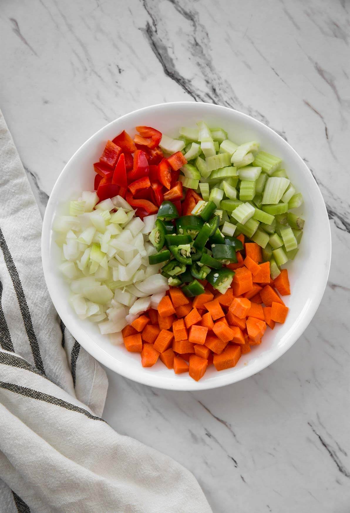 image of diced vegetables in plate for making lemon orzo chicken soup