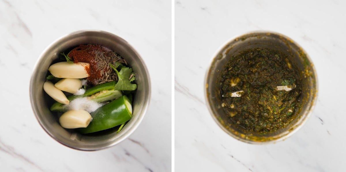 collage image of making cilantro lime marinade in a blender jar.