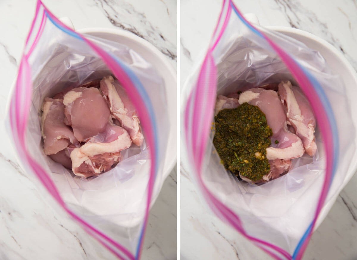 raw skinless boneless chicken thighs in ziplock bags with cilantro lime marinade