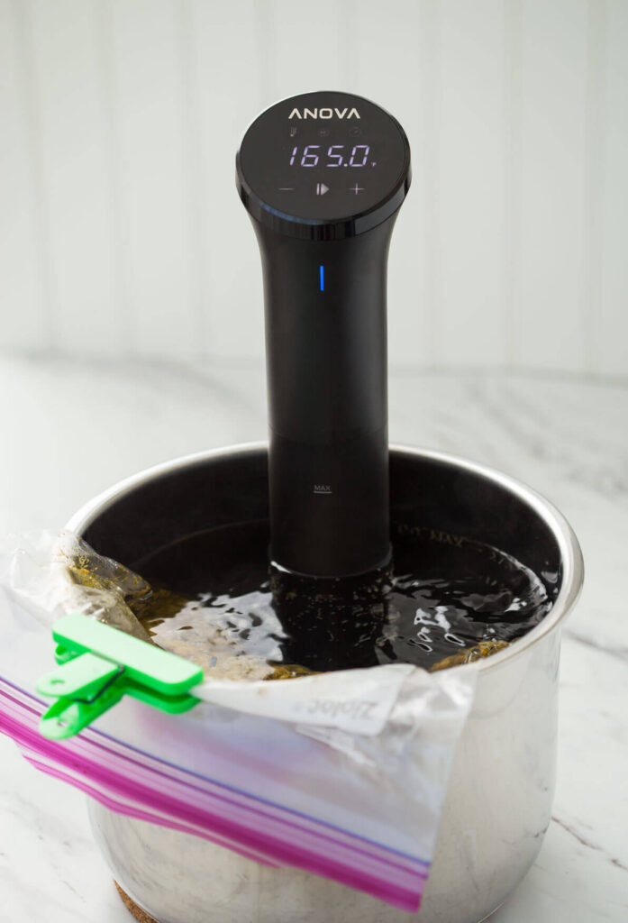 Image during cooking chicken thighs sous vide style.