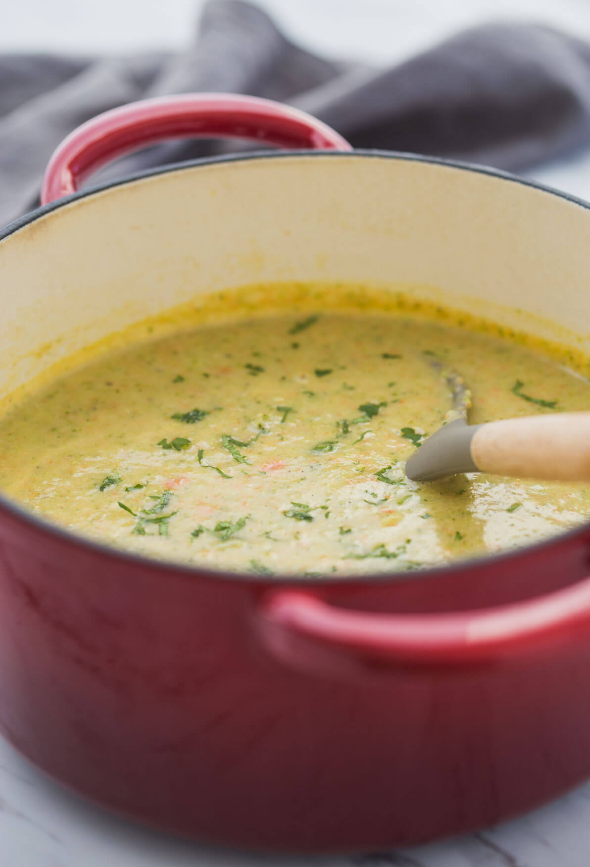 blended detox broccoli soup in a dutch oven with serving ladle