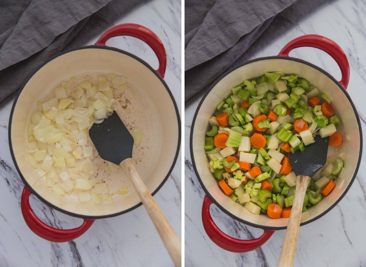 collage image of sautéing onion and chopped vegetables in a dutch oven.