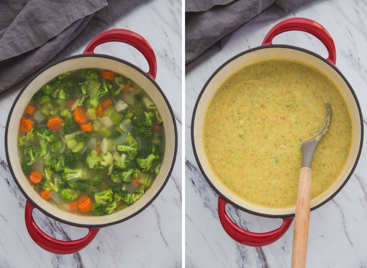 collage image of cooking process of broccoli soup