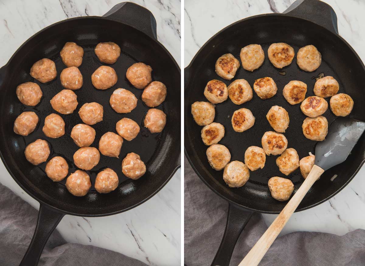 collage image of cooking meatballs in a cast iron pan