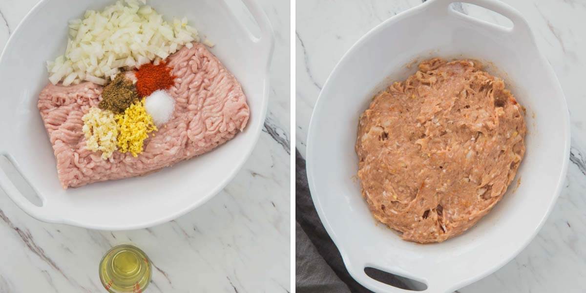 Collage image of preparing ground chicken mixture for making chicken meatballs