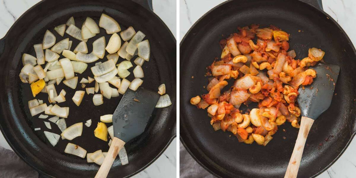 collage image of cooking onion and tomato in a cast iron pan