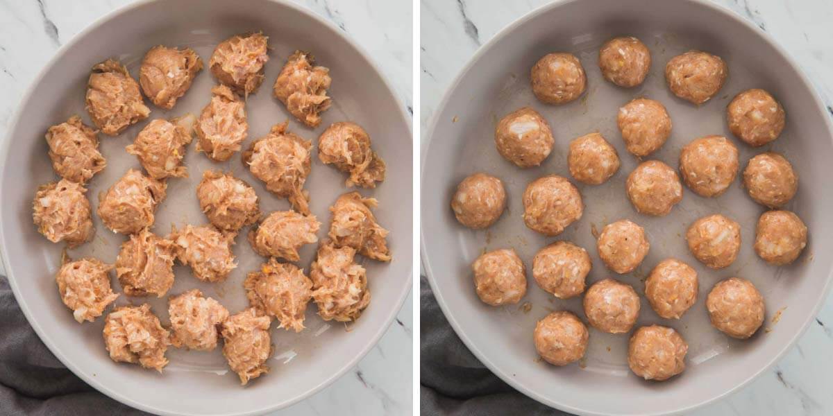 Collage image of preparing ground chicken meatballs