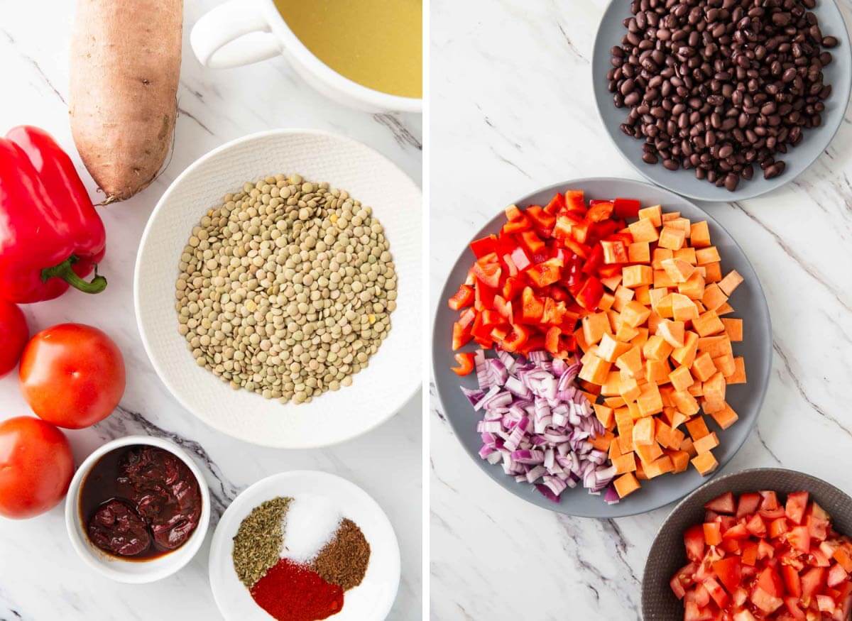 Collage image of fresh ingredients gathered for making lentil chili such as raw lentils, red pepper, tomato, spices, sweet potato, black beans.