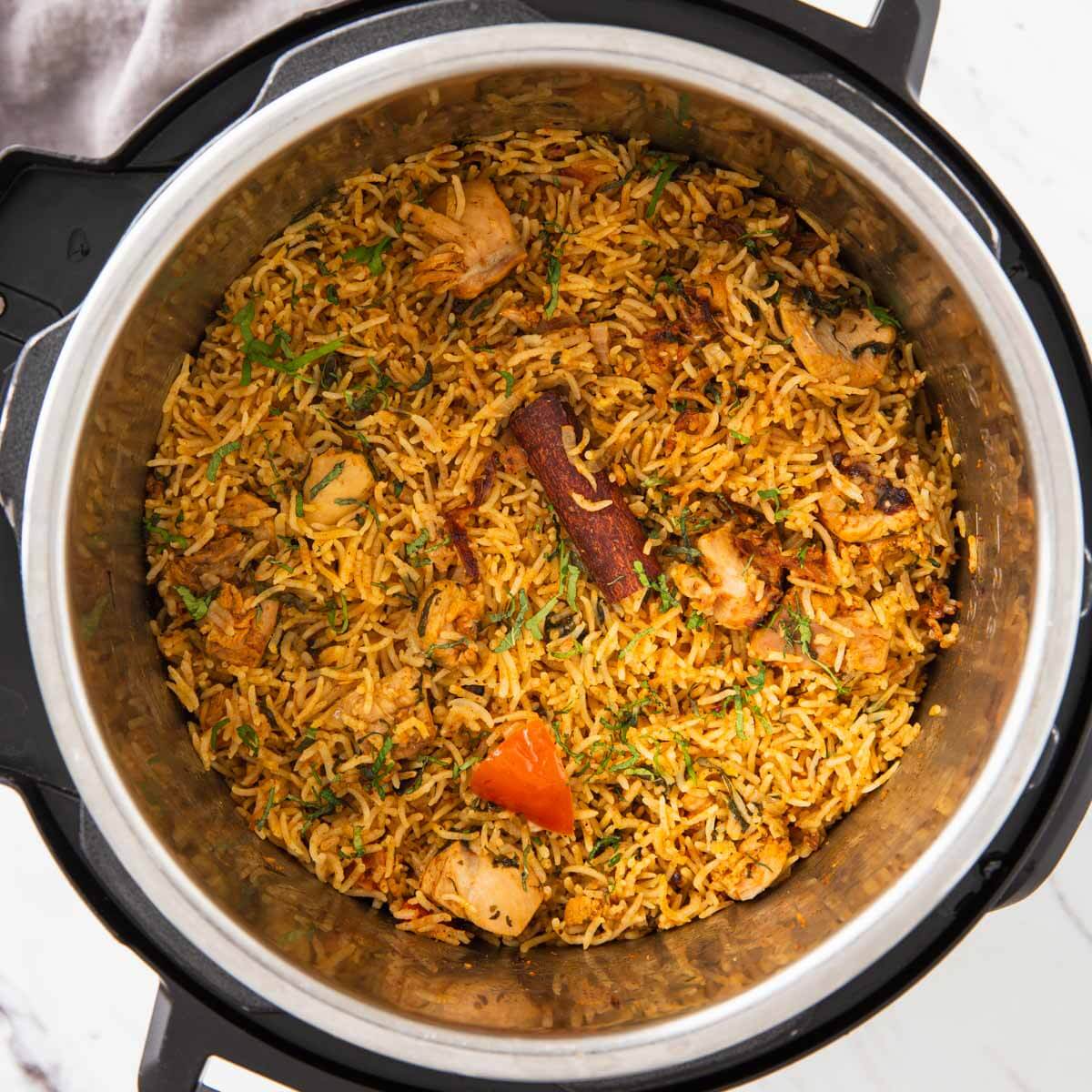 Authentic Indian chicken biryani prepared in an Instant Pot.