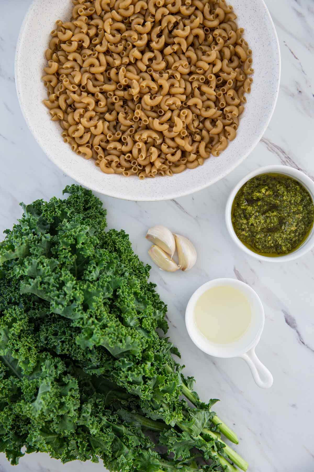 ingredients like raw pasta, basil pesto, garlic cloves, oil and bunch of fresh kale gathered for making healthy garlic kale pasta.