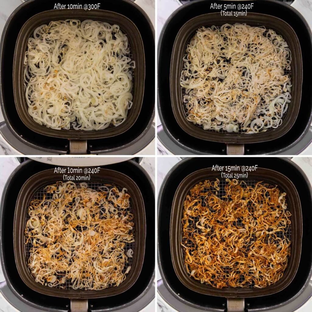 * Collage image of fried onion in air fryer basket at different times.
