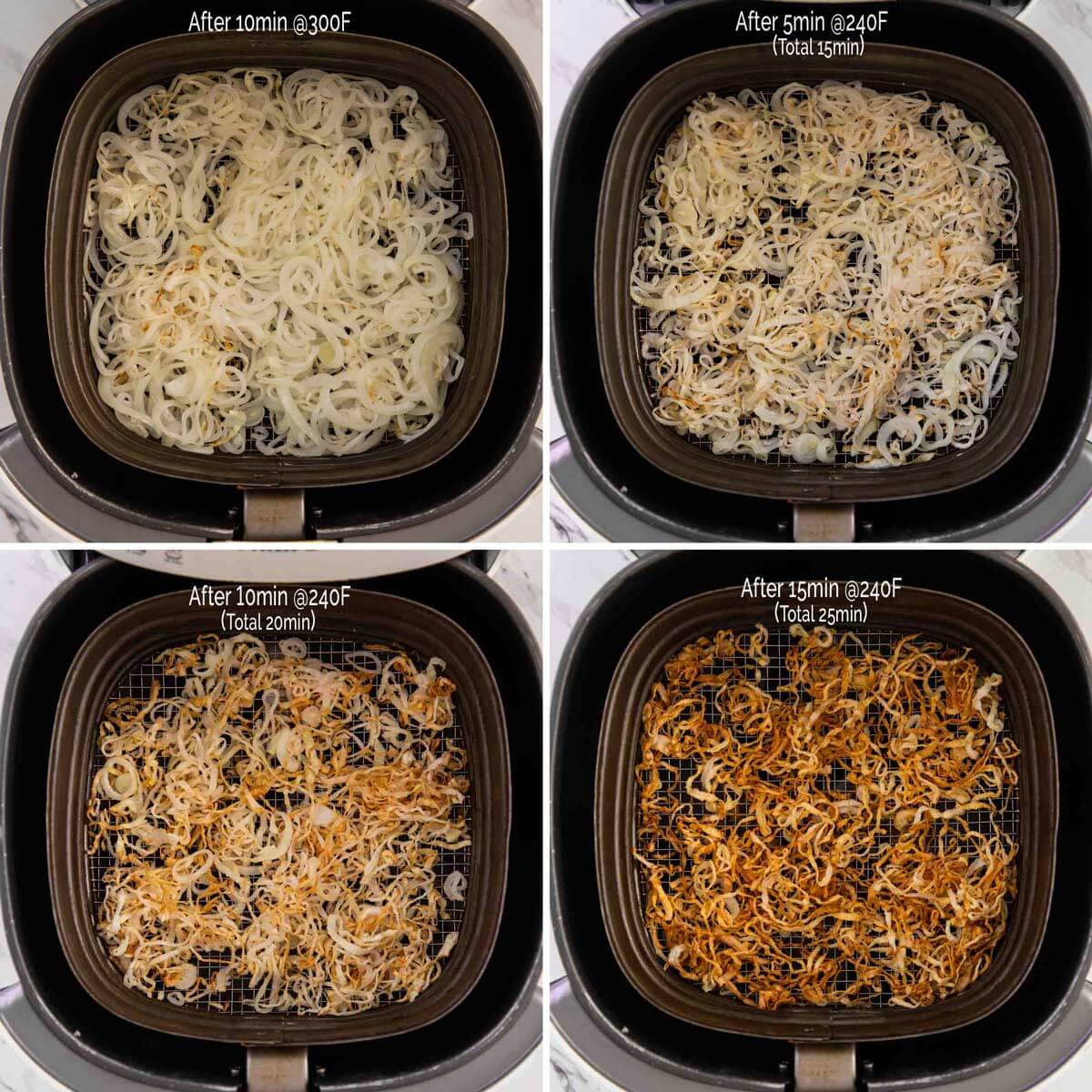 * Collage image of fried onion in air fryer basket at different times.