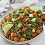 Healthy Italian lentil salad in a serving dish ready to serve.