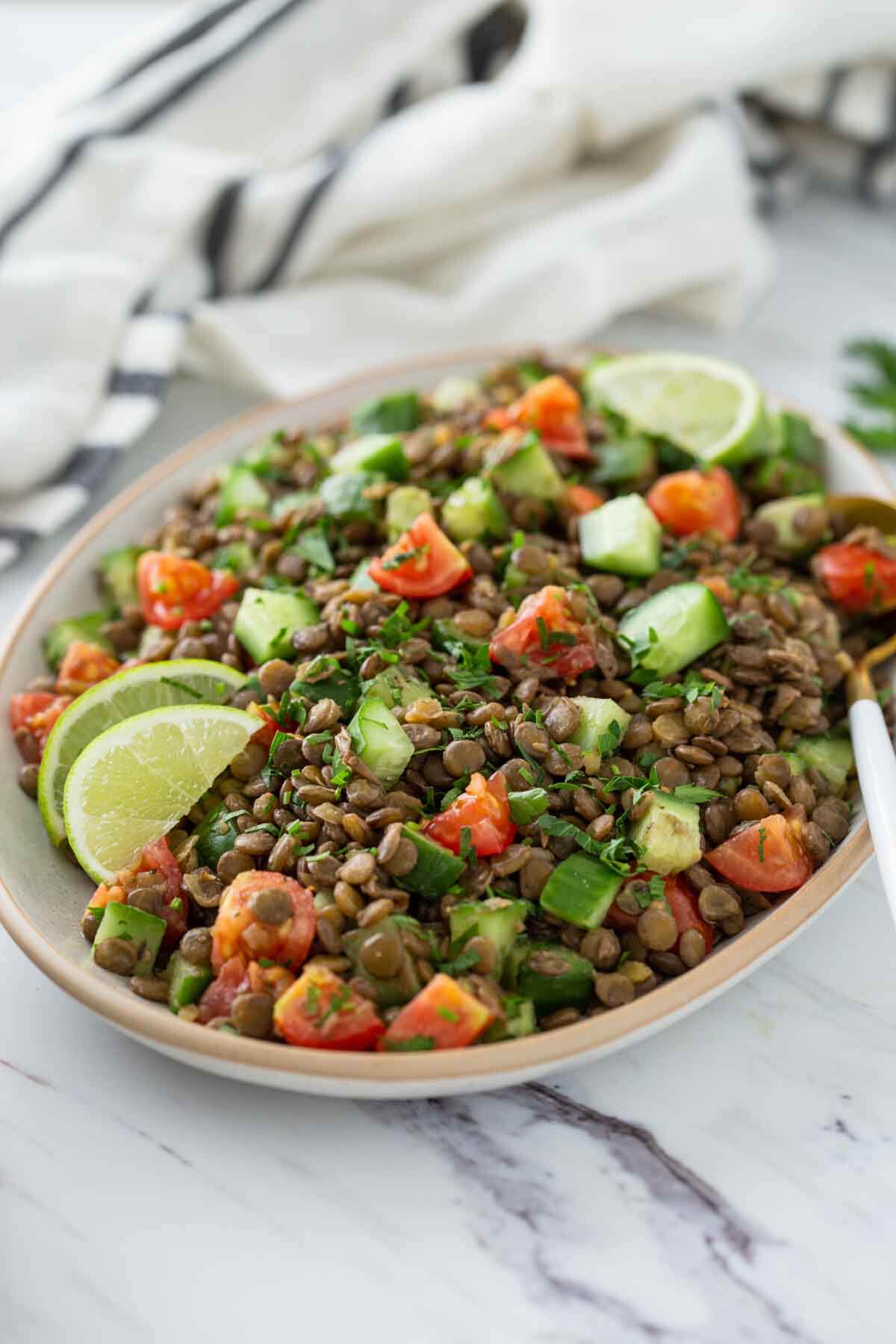 Healthy Italian lentil salad in a serving dish ready to serve.