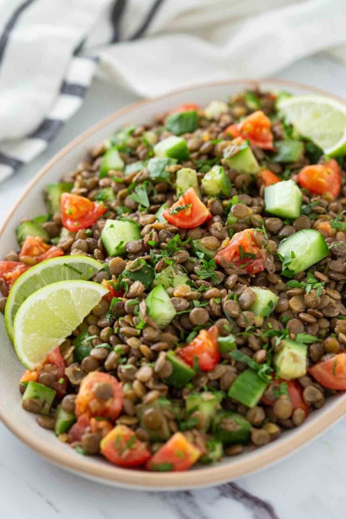 Healthy Italian lentil salad in a serving dish ready to serve.