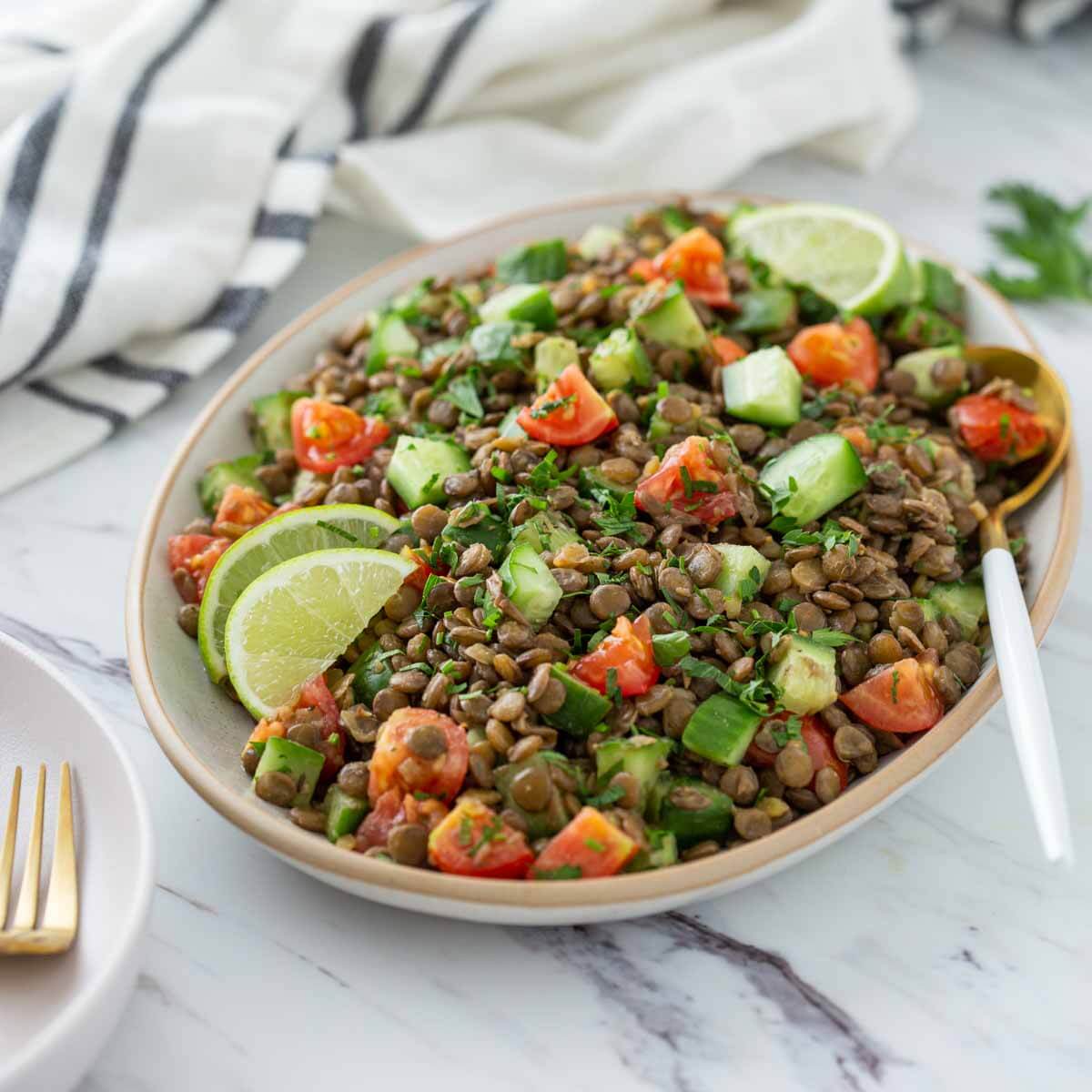 Prepared Italian lentil salad in a serving dish with a serving spoon.