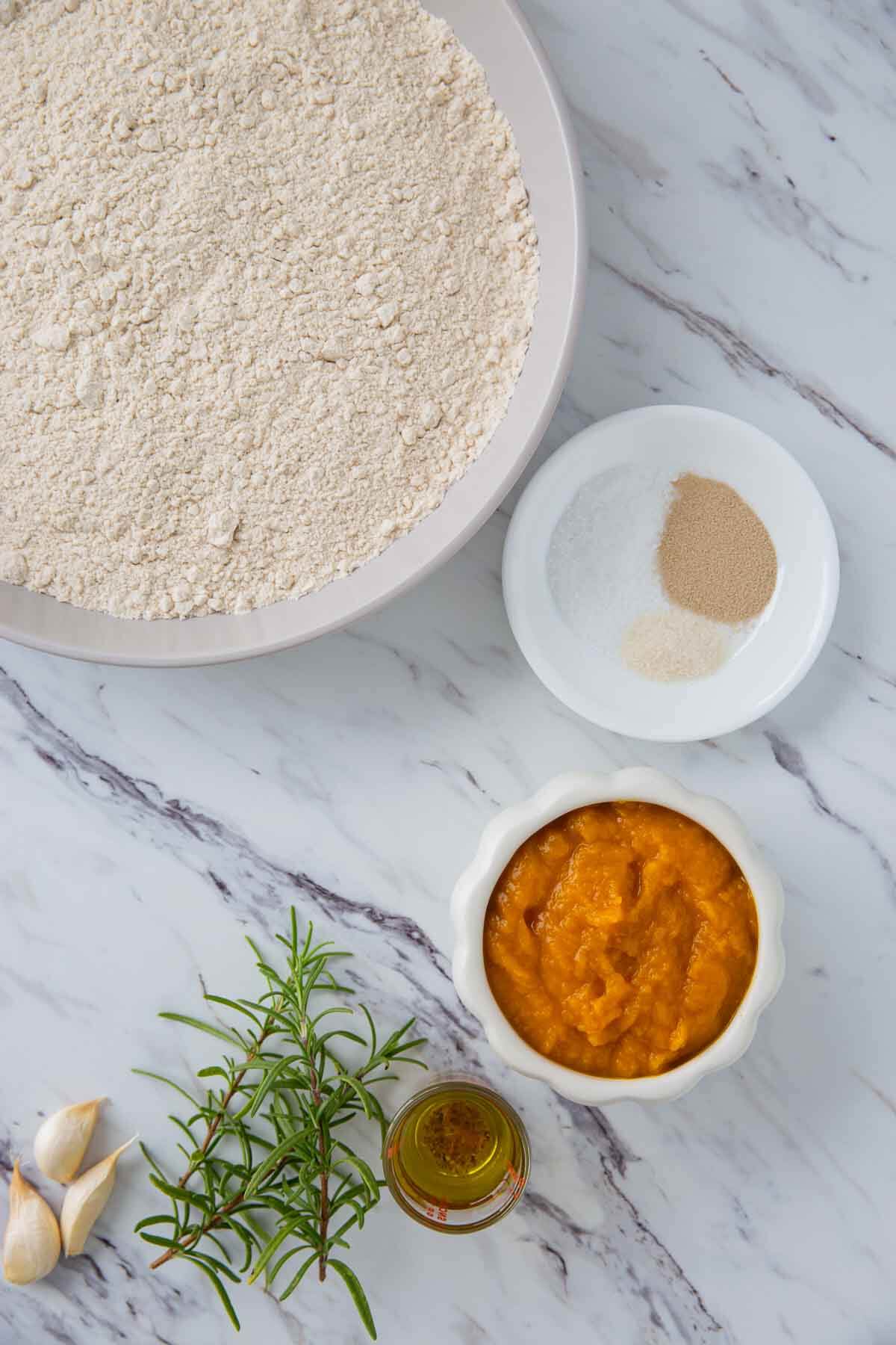 ingredients for making whole wheat and pumpkin flatbread