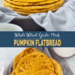 The collage image of pumpkin flatbreads in a serving dish with text overlay.